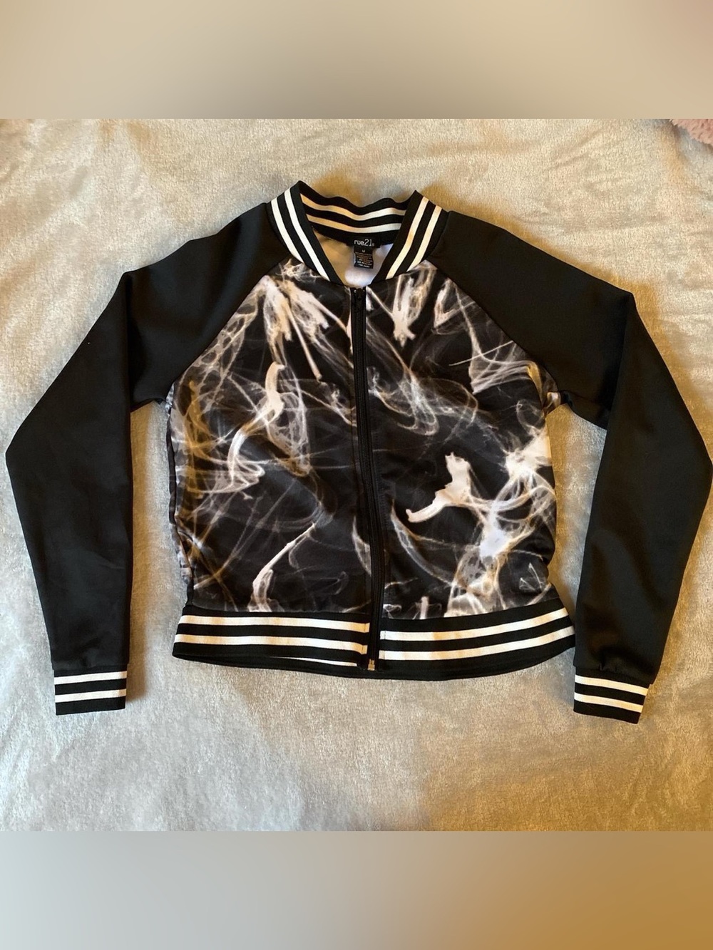Rue21 Black Bomber Jacket with White Smoke Print